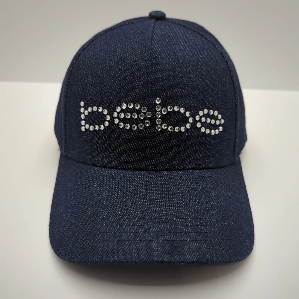 Bebe Dark Wash Denim Baseball Cap Rhinestone Logo Adjustable Hat Blue Bling NWT